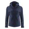 A navy softshell jacket for women featuring a hood and zippered pockets. It includes a logo on the chest.