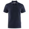A navy blue men's cotton polo shirt with a classic collar and three-button placket, featuring a small logo.