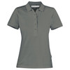 A grey women's cotton polo shirt featuring a three-button placket and a discreet logo.