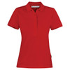 A red women's polo shirt featuring a collar and a branding logo. The shirt is made of cotton.