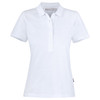A white women's cotton polo shirt with a collar and a button-up front. It features a logo on the side.