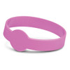 A pink glow-in-the-dark silicone wristband with a circular design. It has a logo present.