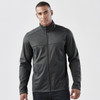 A men's lightweight softshell jacket in dark grey, featuring a zip closure and a stylish design.