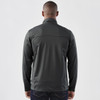 A men's lightweight softshell jacket in dark grey, featuring a logo on the back.