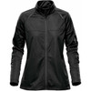 A women's lightweight softshell jacket in black with long sleeves and a collar, featuring a logo.