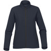 A women's soft shell jacket in dark grey with a full zip and side pockets. Features a subtle logo.