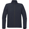 A dark navy softshell jacket with a full zip and two zipped pockets, featuring a logo.
