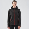 A black women's softshell hoody featuring red zip accents and a hood, with a logo on the chest.