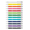 A range of metal pens in various colours, including white, yellow, orange, pink, green, blue, purple, and black.