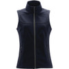 A women's softshell vest in navy blue with a high collar and zippered pockets, featuring branding.