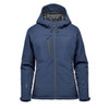 A navy blue women's insulated softshell jacket featuring a hood and multiple zip pockets. It has a logo on the sleeve.