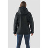 A black women's insulated softshell jacket with a hood, shown from the back, featuring a logo on the upper back.