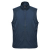 A navy blue men's vest with a zip front and a high collar, featuring a logo on the chest area.
