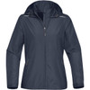 A women's rain jacket in navy blue featuring a hood and zippered pockets, with a logo on the chest.