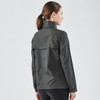 A women's rain jacket in dark grey, featuring a high collar and a flap at the back, with a logo present.