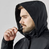 A black men's 3 in 1 jacket featuring a hood, adjustable collar, and a model showcasing the design.