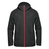 Men's Pacifica Wind Jacket in dark green with a red zipper and hood, featuring a logo on the front.