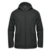A dark green wind jacket with a hood, featuring a zip front and an attached logo.