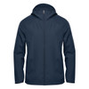 A navy wind jacket with a hood and a zipped front, featuring a logo on the chest area.