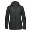 A women's wind jacket in dark green, featuring a hood and a sleek, lightweight design. It has a logo on the sleeve.