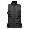 A women's black quilted vest with a high neck and zipper front, featuring a logo on the lower side.