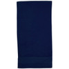 A navy Terry Velour Towel with a smooth texture, featuring a simple design and a branding logo at the bottom.