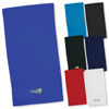 A selection of Terry Velour Towels in various colours including blue, black, green, red, and white, with a logo on one.