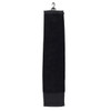 A black golf towel with a hanging clip, featuring a soft texture and a sleek design.