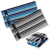 A set of striped towels in shades of blue, grey, and black, featuring a logo on one towel.