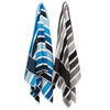Two striped cabana towels hanging, one in shades of blue and the other in grey and black. Both feature a logo.