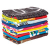A stack of colourful custom sublimation beach towels in various bright patterns and designs.