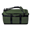 A green duffle bag with black straps and handles, featuring a logo on the side.