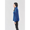 A women's full zip jacket in blue, featuring a high collar and zippered pockets, presented in a side view.