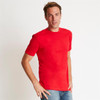 A red men's cotton crew t-shirt worn by a model, featuring a classic crew neckline and short sleeves.