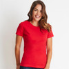 A red women's boyfriend tee featuring a classic crew neckline and short sleeves, modelled by a smiling woman.