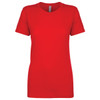A red women's boyfriend tee featuring short sleeves and a classic crew neckline. It includes a branding label.
