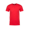 A red crew neck t-shirt with short sleeves, featuring a simple design and a logo.