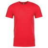 A red crew neck t-shirt made from CVC material with short sleeves and a logo.