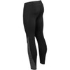 A pair of black women's yoga pants with a textured grey panel along the side and a fitted design.