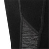 A close-up of black women's leggings featuring textured grey panels and seam detailing. Includes a logo.