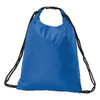 A blue drawstring bag with black cords and a simple design, featuring a logo on the front.