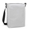 A cooler bag in grey with a black adjustable strap and zip closure, featuring a logo on the front.