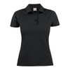 A black women's cotton polo shirt featuring a collared neckline and three buttons, with a logo on the label.