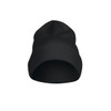 A black beanie featuring a ribbed design, showcasing a simple, fold-over style and has a logo.