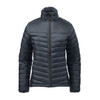 A women's thermal jacket in dark green with a zip front and padded design, featuring a high collar.