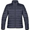 A women's puffy jacket in navy blue with a high collar and zippered pockets, featuring a logo on the side.