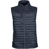 A dark blue men's thermal vest features a high collar, quilted design, and multiple zip pockets. It has a logo on the chest.
