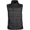 A black men's thermal vest with a high collar and blue zipper details, featuring multiple pockets and a branded logo.