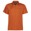 A men's polo shirt in a vibrant orange colour, featuring a collar and a logo on the chest.