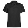A black men's polo shirt featuring a classic collar and three-button placket, with a logo on the chest.
